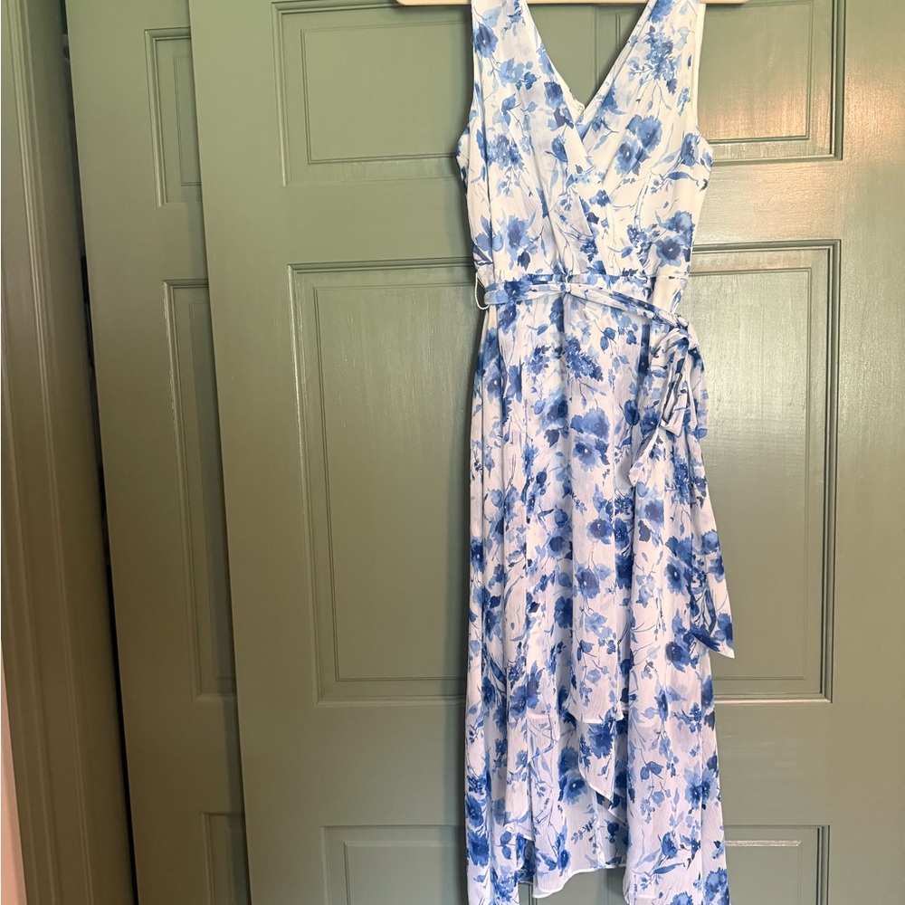 Karl Lagerfeld White and Blue Floral High-Low Wrap Dress